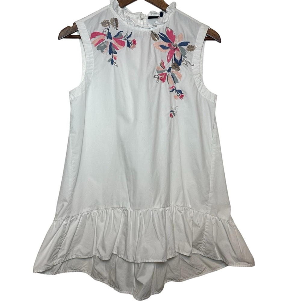 Kaari Blue Sleeveless Hi-Lo Blouse Ruffle Embroidered Flowers Sequins Size Small